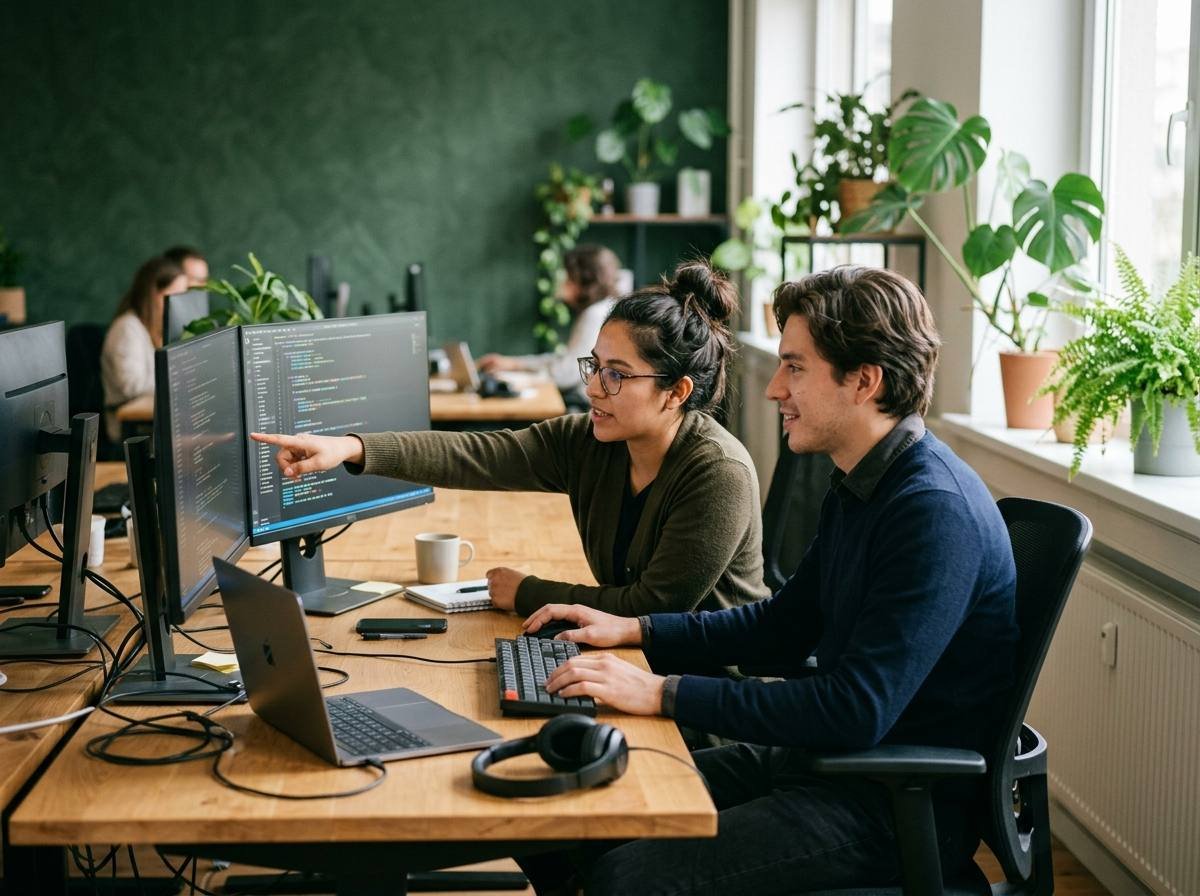 NearshoreBase engineers working together at a shared workstation in Tijuana, Mexico