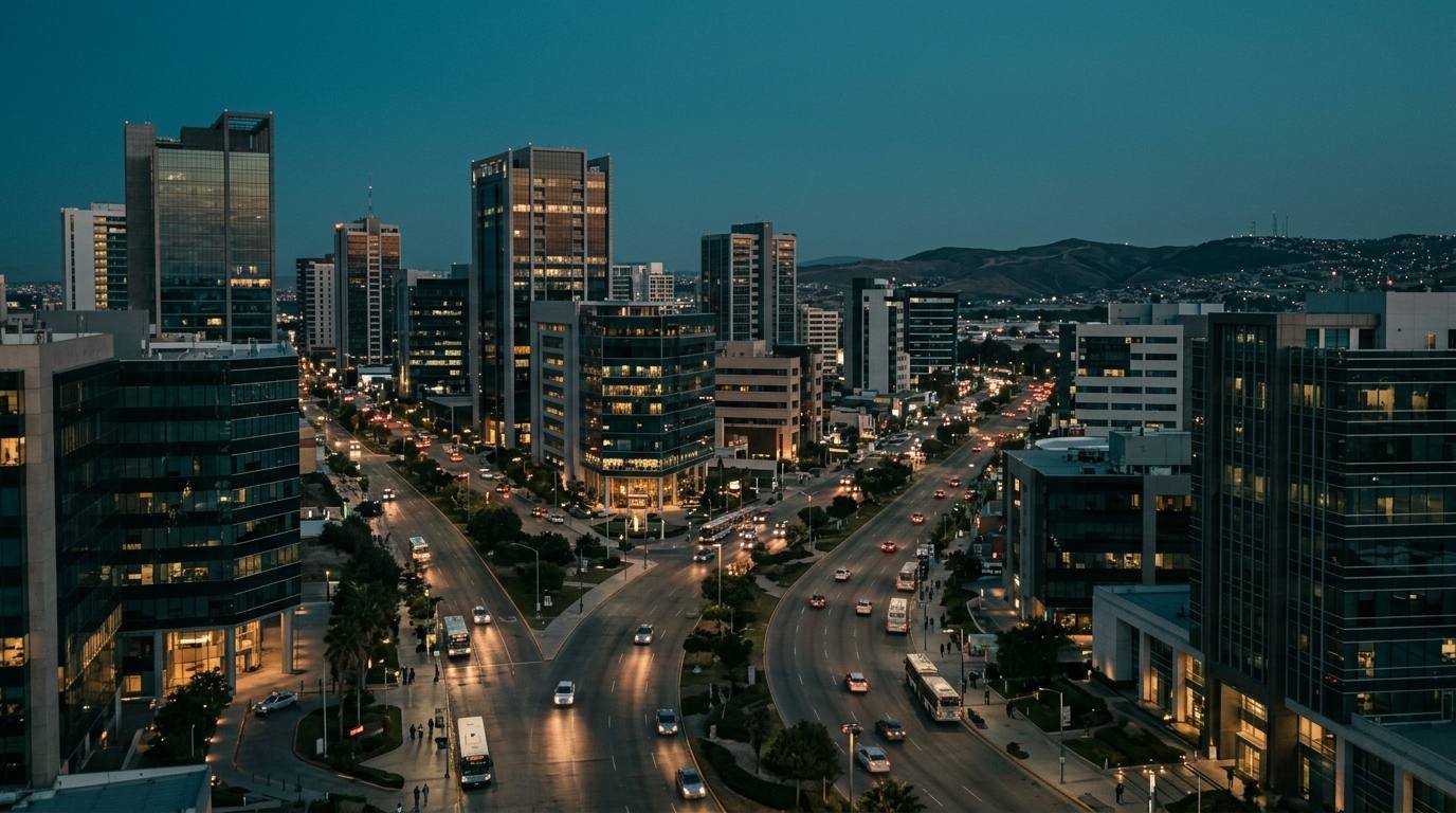 Zona Río business towers in Tijuana, MX at dusk